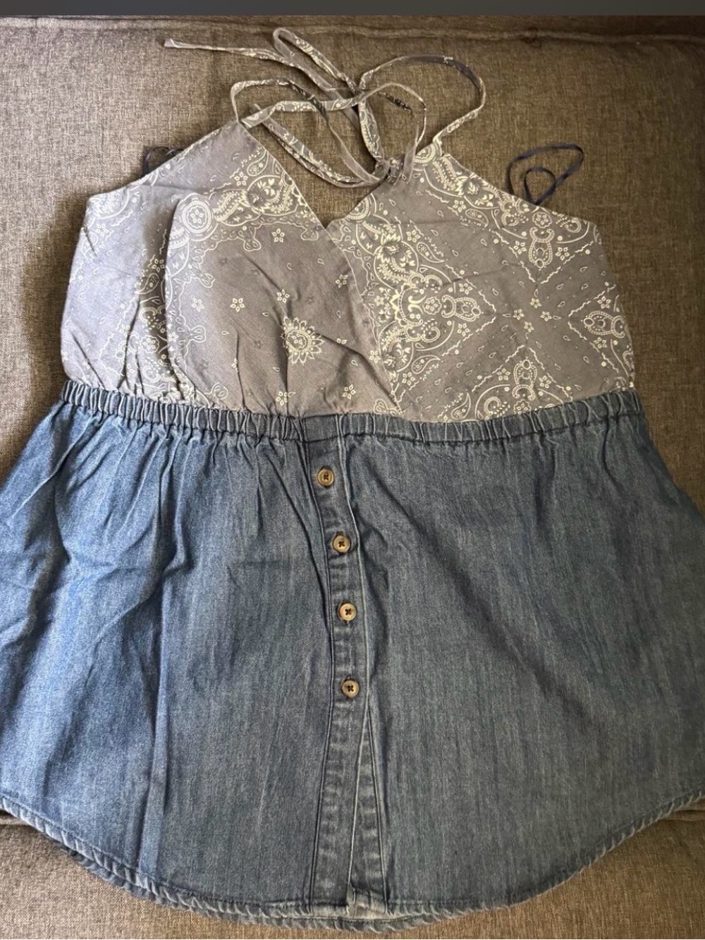 Chambray Bandana-Print Halter Tank Top in Grey and Denim